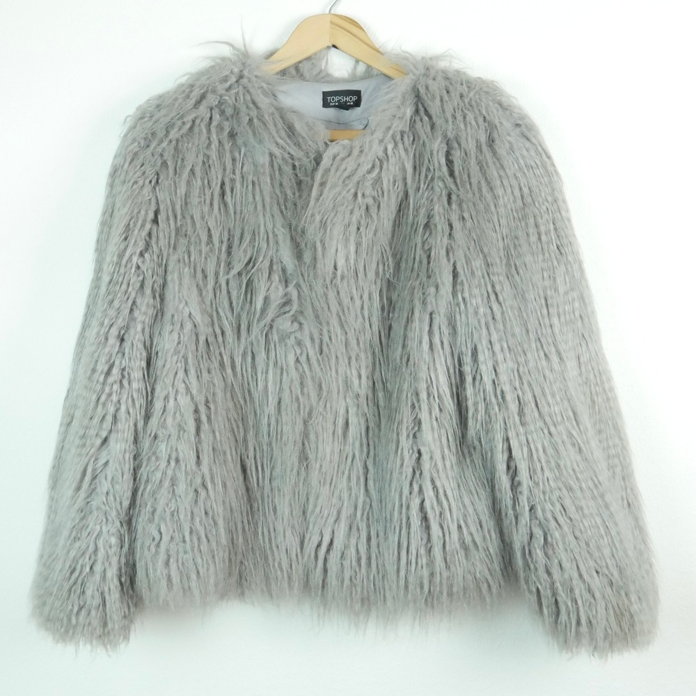 Topshop Gray Shaggy Faux Fur Coat Crop Jacket Boho 6 Grunge Retro Indie Sleaze